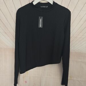 PrettyLittleThing Black Ribbed Long Sleeve Assymetric Hem Tee High NECK SZ 20